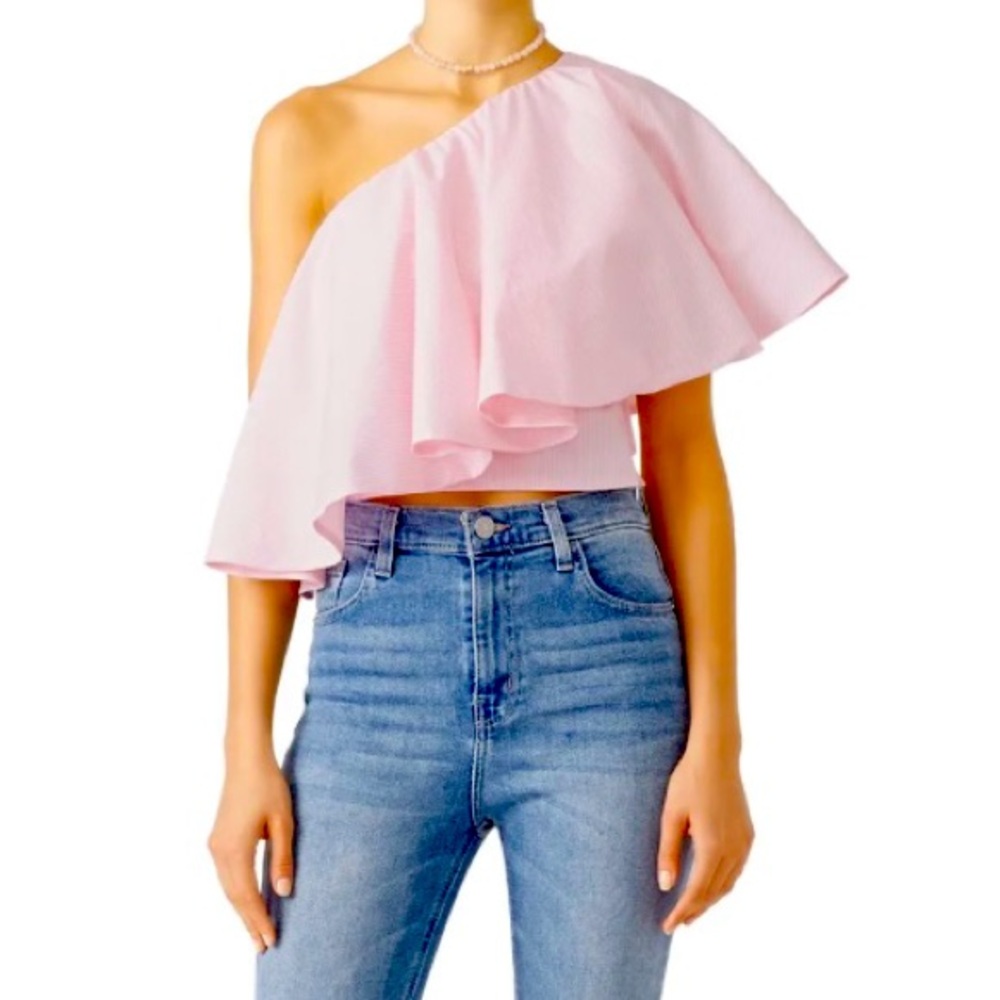 Viva Aviva Pink And White Striped One Shoulder Top Size XL